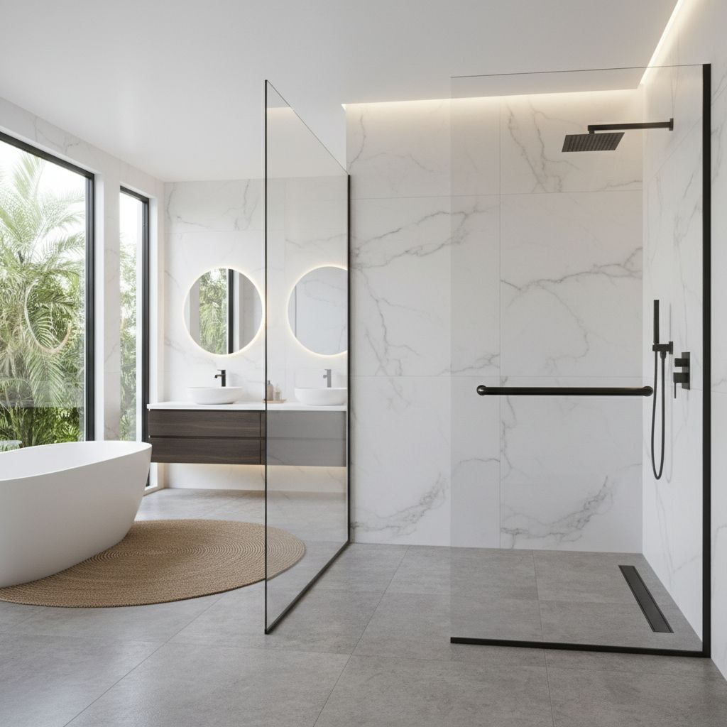 A luxury bathroom featuring a modern shower with a sleek, curved matte black grab bar that matches the shower head and faucet hardware.
