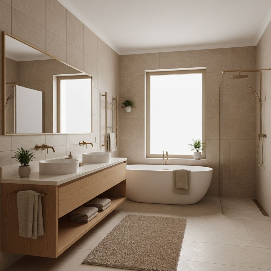 A luxury bathroom featuring warm oak cabinetry, brushed gold fixtures, and soft beige tile.
