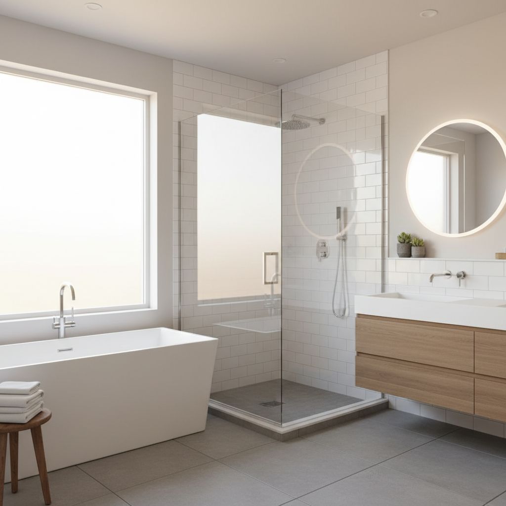 A modern, brightly lit bathroom featuring a new glass-enclosed shower with subway tile walls and chrome fixtures.