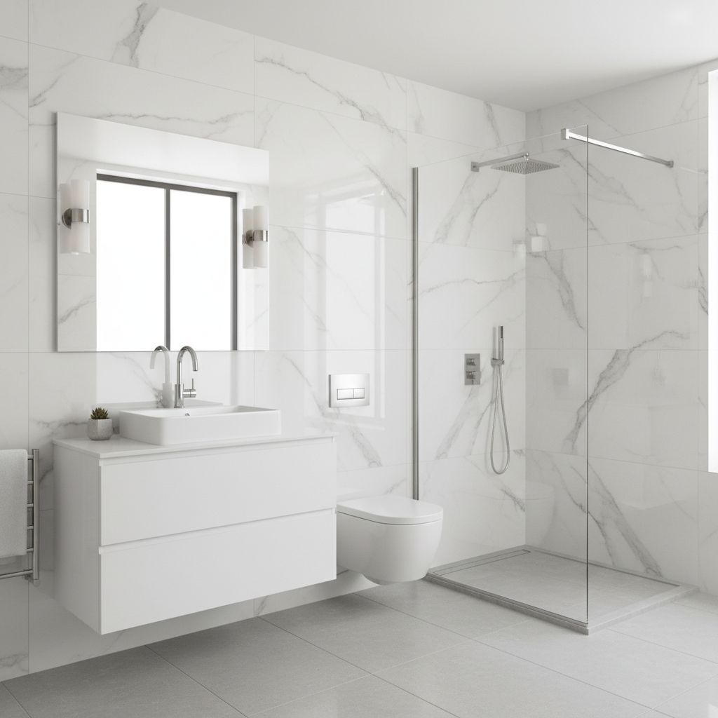 A bright, modern bathroom featuring a seamless wall surround with a marble-like pattern and chrome fixtures.