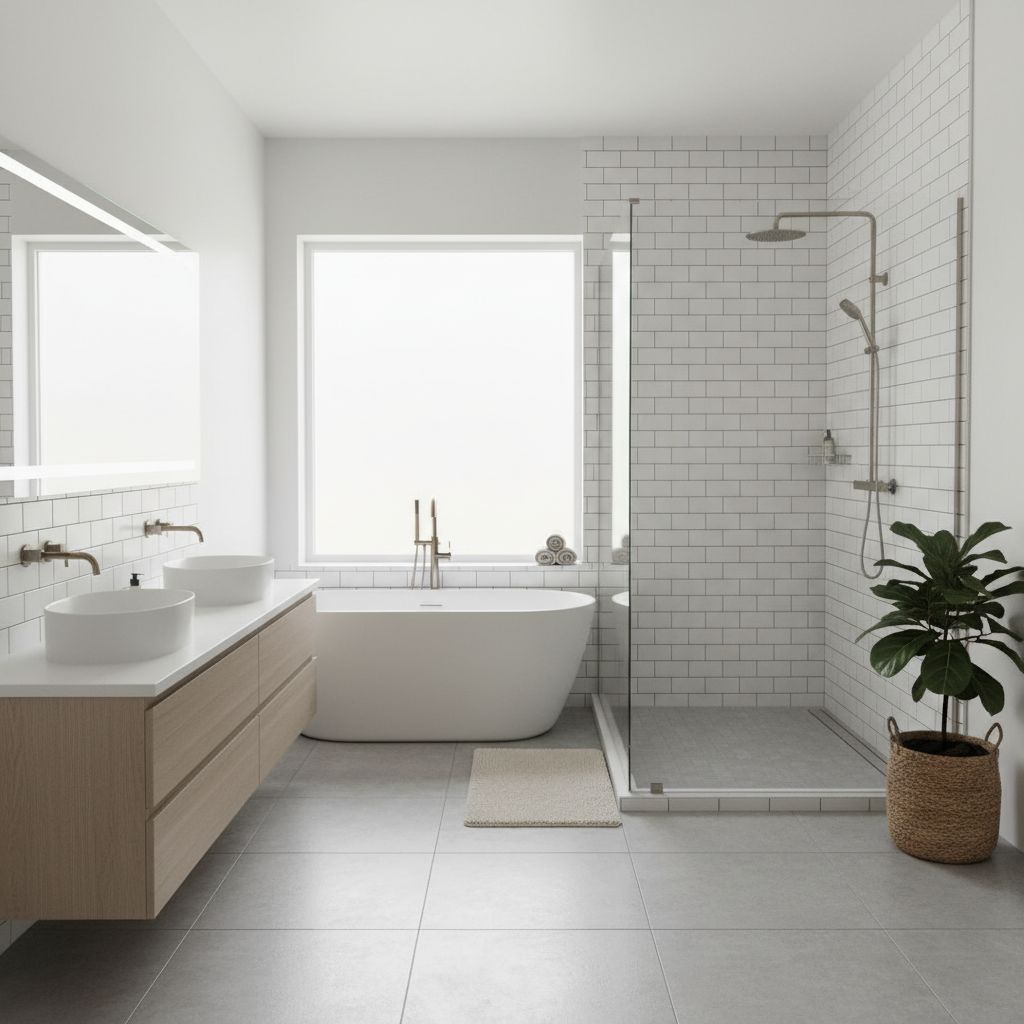 A modern, brightly lit bathroom featuring a glass-enclosed shower with white subway tiles and brushed nickel fixtures.