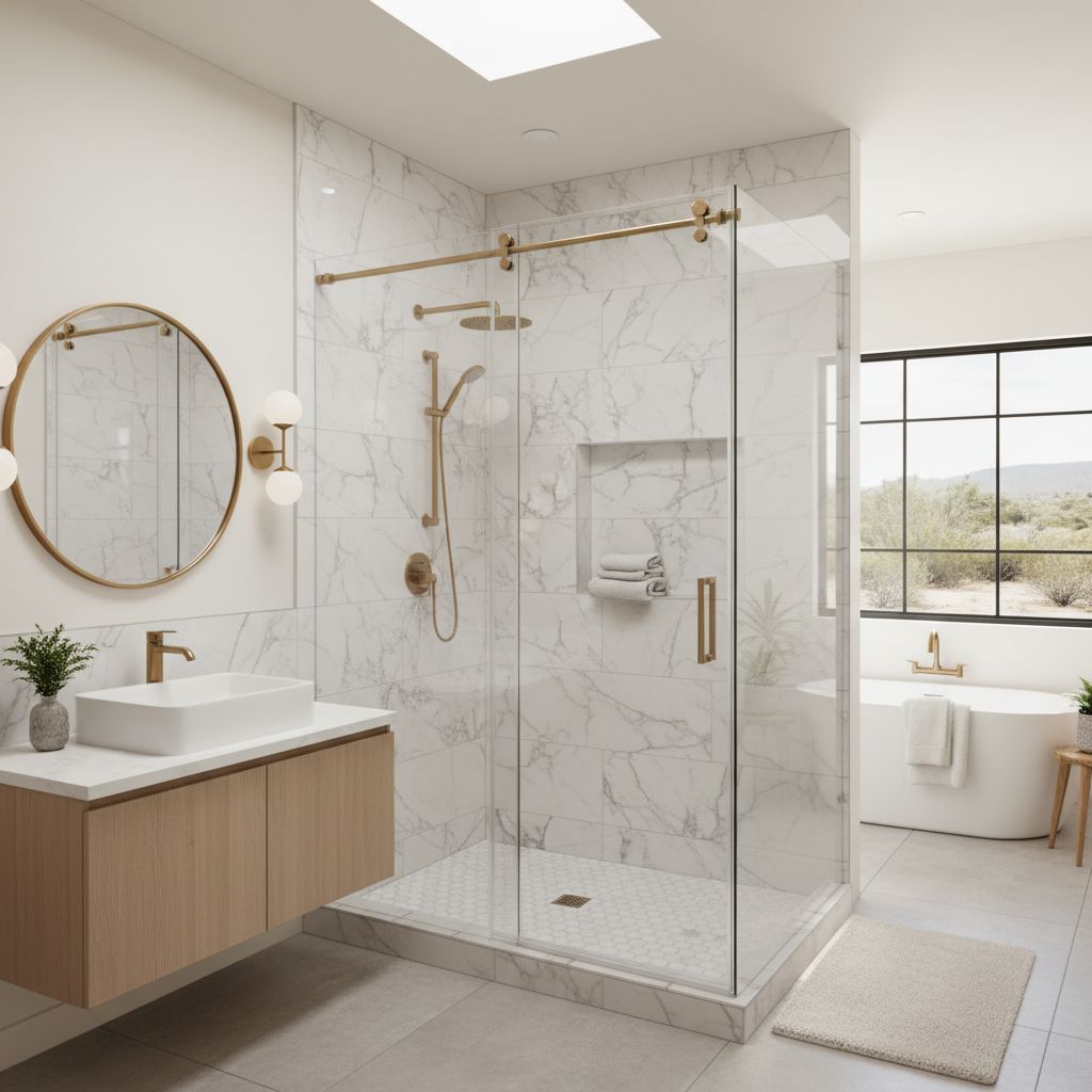 A modern, bright bathroom in a ranch-style home featuring a sleek walk-in shower with marble-patterned wall surrounds and a clear glass sliding door.